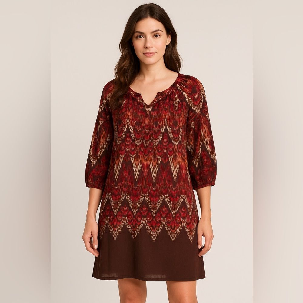 Sonoma Life + Style Boho Ikat Print Cotton Tunic Dress Red Brown 3/4 Sleeve Sz S